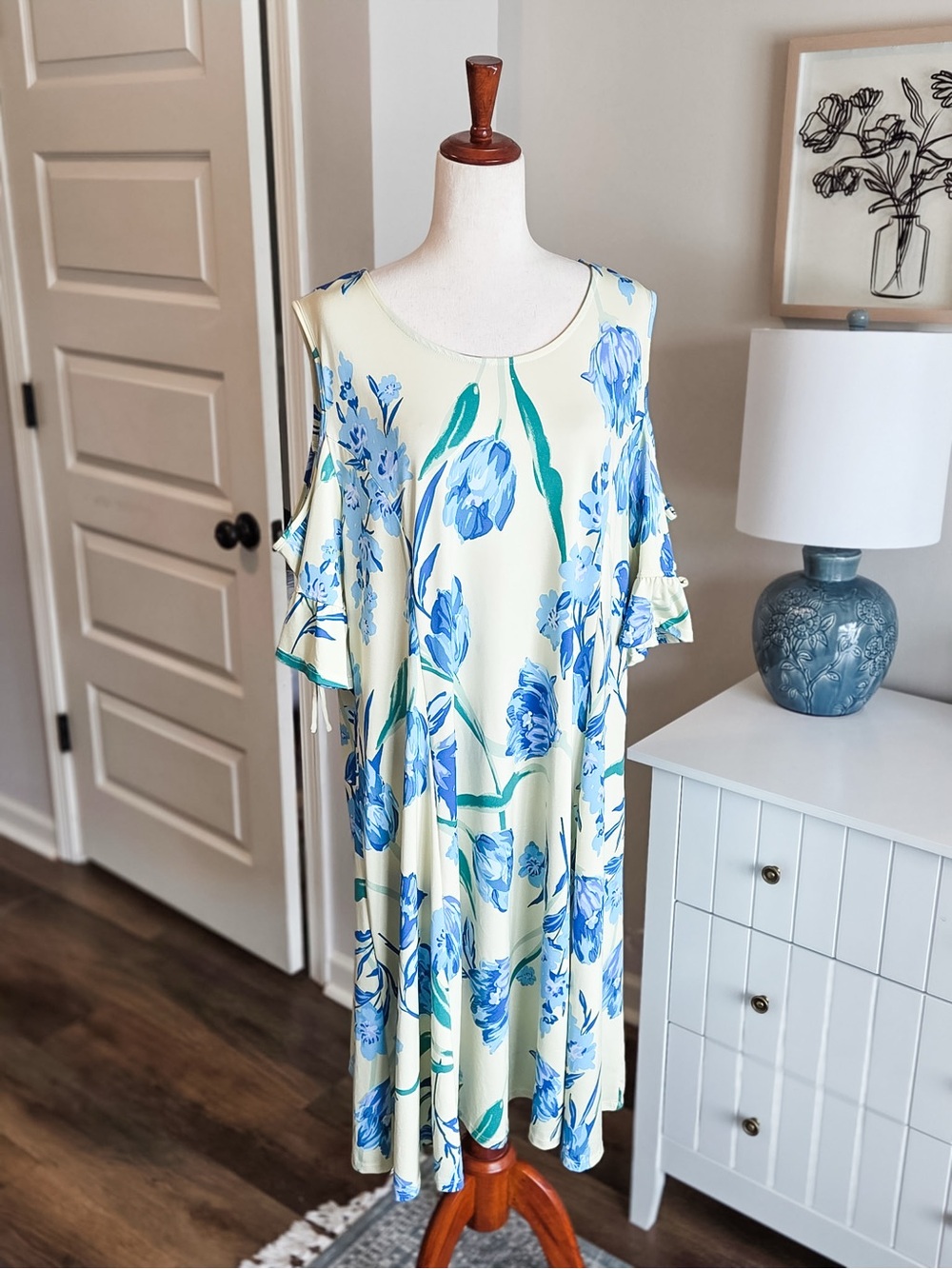 Floral Cold-Shoulder Midi Dress in Yellow and Blue